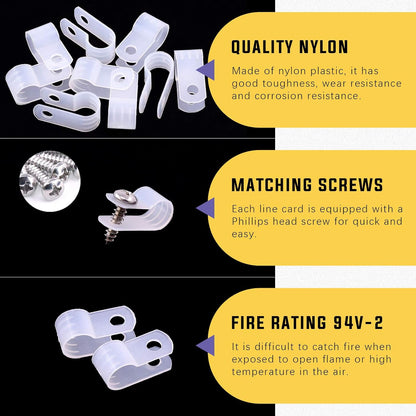 Swpeet 120 Pack White 5/16 Inch Nylon Plastic R-Type Cable Clips Clamp Kit, Nylon Screw Mounting Cord Fastener Clips with 120 Pack Screws for Wire Management (5/16 Inch, White)