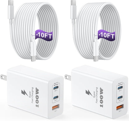 USB C Charger Block 100W, 3-Port GaN Super Fast Charger, Type C Wall Charger Adapter with 10ft USB C Charging Cable for MacBook Pro/Air,iPad Pro, iPhone 16/15Pro, S25/S24/S23 and More[2 Pack]