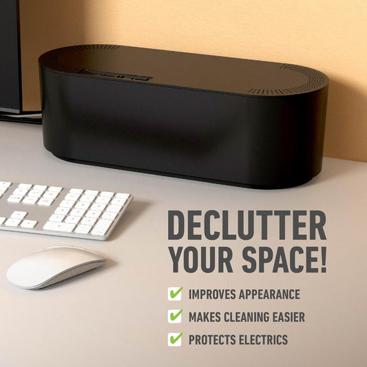 D-Line Cable Management Box, Power Strip Holder, Floor Outlet Hiders, Desk Cord Organizer, Cover TV Wires, Wire Storage, Extension Hider, Office Concealer for Cords, Baby Proof Cables - Large, Black