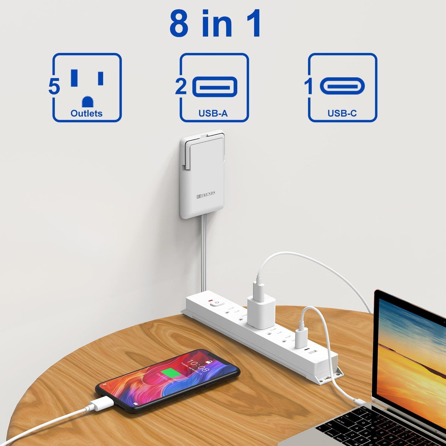 6FT Ultra-Thin Flat Plug Power Strip with 5 Outlets & 3 USB Ports | Child & Pet-Safe, 1625W, Wall-Mounted Cord Organizer, Universal Size Outlet & Plug Concealer with Cord Clips(UL Listed)