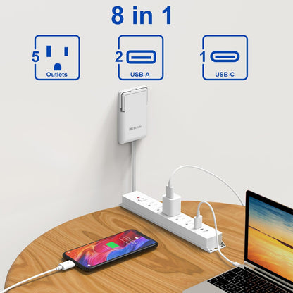 6FT Ultra-Thin Flat Plug Power Strip with 5 Outlets & 3 USB Ports | Child & Pet-Safe, 1625W, Wall-Mounted Cord Organizer, Universal Size Outlet & Plug Concealer with Cord Clips(UL Listed)