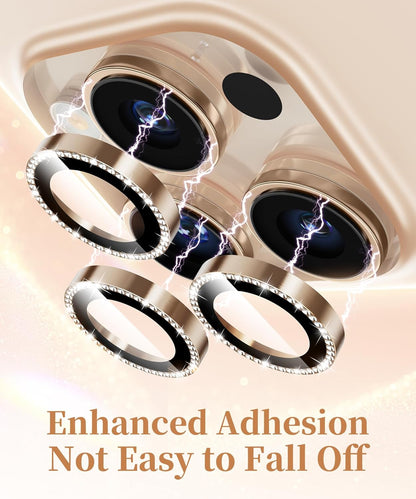 GolbinBox Camera Lens Protector for iPhone 16 Pro Max/16 Pro, 1:1 Invisible Fit, 9H Tempered Glass Ultra HD Metal Individual Camera Cover Screen Protectors for Women, Case Friendly, Bling/Desert Gold