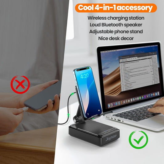 Gifts for Men and Women, Wireless Phone Charger Stand with Bluetooth Speaker and Adjustable Angle Phone Holder for Desk Tech Gift for Birthday/Anniversary (Black)