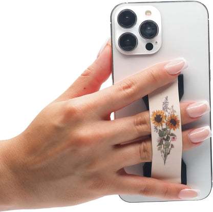 LOVEHANDLE PRO Premium Phone Grip - Silicone Phone Strap - Magnetic Phone Mount and Kickstand for Smartphone and Tablet - Sunflower Bouquet
