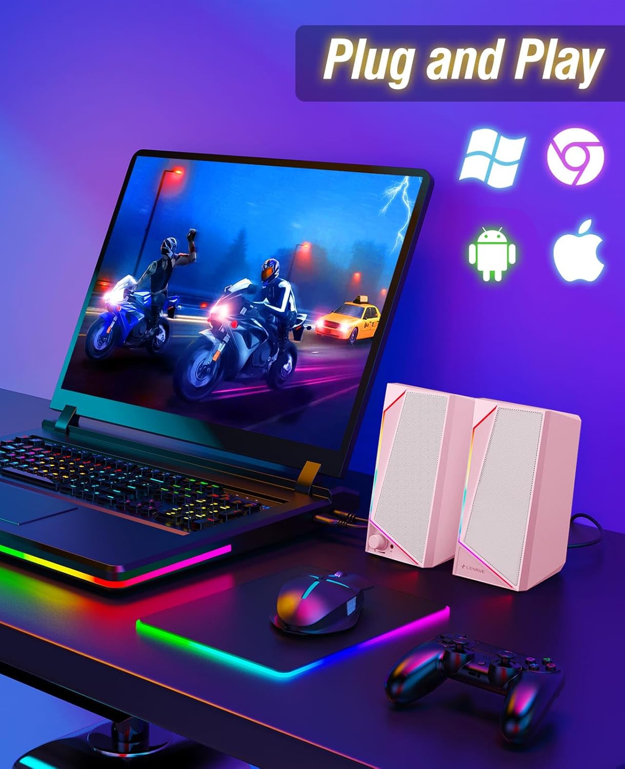 LENRUE Computer Speakers, USB/USB-C Powered PC Speakers with Loud Stereo Sound, Headphone-in for Desktop, iMac, MacBook, Laptop, Monitor (USB-C to USB Adapter Included) (Pink)