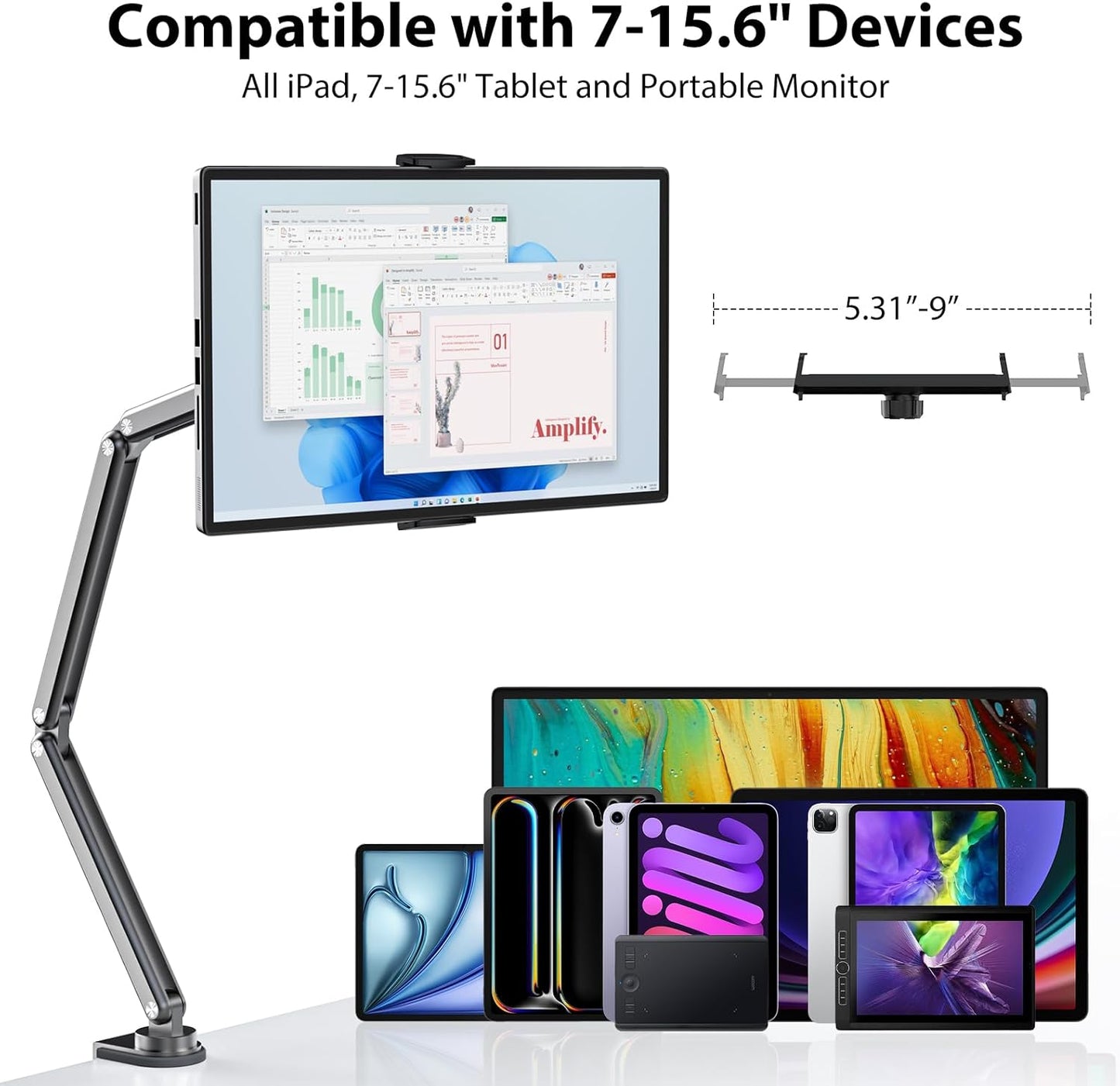 KU XIU Aluminum Alloy Tablet Stand for Desk, Adjustable Foldable Arm Holder Mount Compatible with iPad 10/9th, iPad 13/12.9/11'' Pro Air Mini, Portable Monitor 7-15.6'', Samsung Galaxy Tab S9/FE/A9/S6