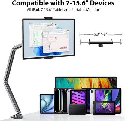KU XIU Aluminum Alloy Tablet Stand for Desk, Adjustable Foldable Arm Holder Mount Compatible with iPad 10/9th, iPad 13/12.9/11'' Pro Air Mini, Portable Monitor 7-15.6'', Samsung Galaxy Tab S9/FE/A9/S6