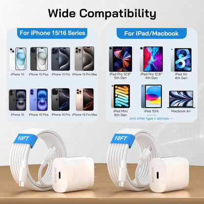 30W USB C i Phone 16 15 Charger Fast Charging, 2PACK Wall Charger for iPhone 16 15 Pro Max Charger Cord 10FT Fast Type C Charger Block for iPhone 16/16 Pro/15 Plus/15 Pro/15 Pro Max,i Pad Pro/Air/Mini