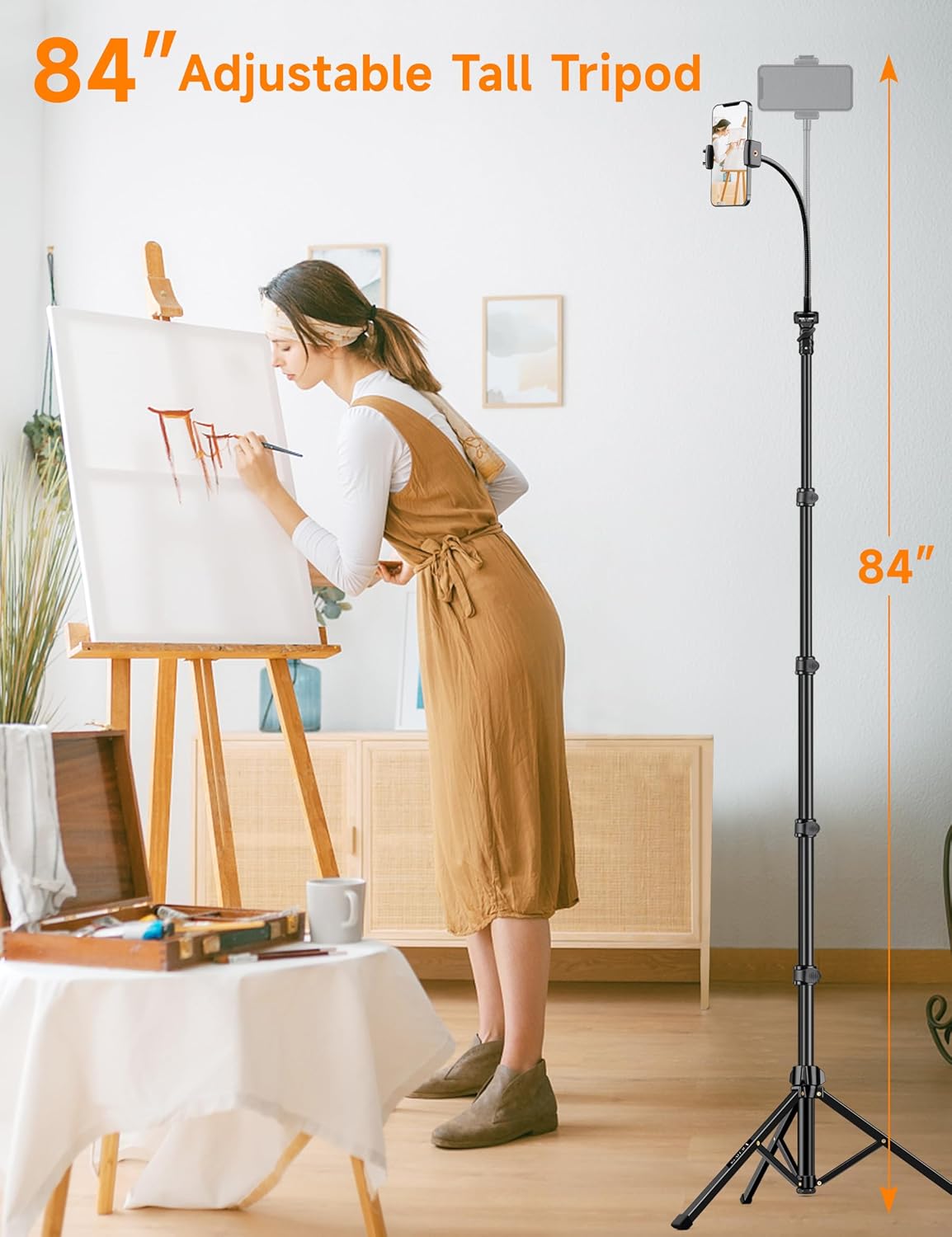Phone Tripod Stand, 84" Tall Flexible Cellphone Tripod for iPhone with Gooseneck Remote, Portable Phone Stand for Recording, Compatible with iPhone 14 13 12 pro Android Camera