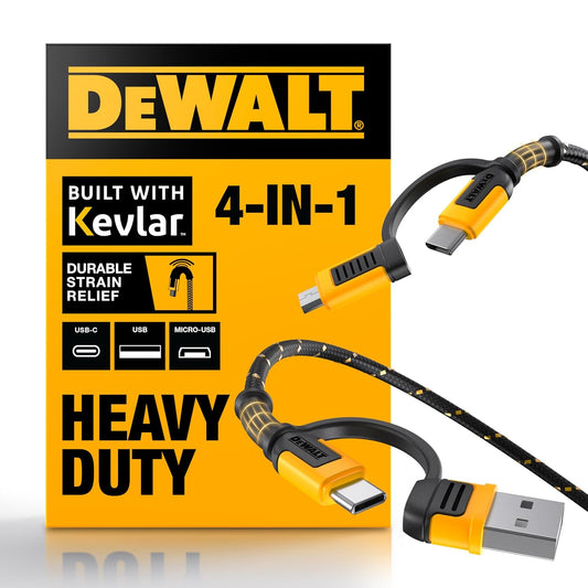 DEWALT Heavy Duty 4-in-1 Cable, Type C/Micro USB/USB Cable for iPhone 16, iPhone 15, iPad Charger USB C, Huawei, HTC, LG, Samsung Galaxy, Android Smartphones, iPad Pro, Micro C Charging (6ft, Black)