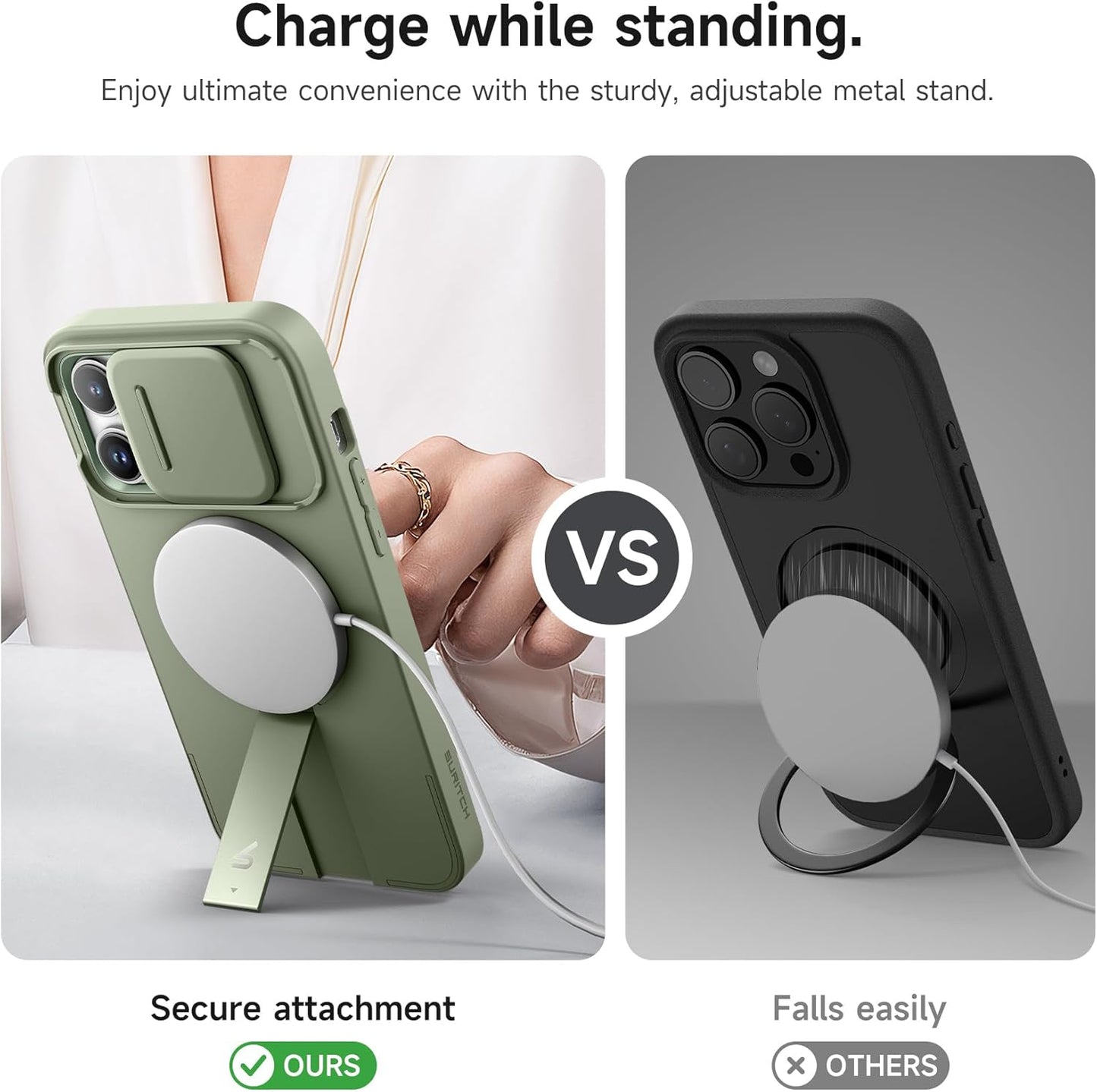 SURITCH for iPhone 14 Pro Max Case with Magnetic Camera Slide Cover and Adjustable Kickstand, Compatible with MagSafe, Shockproof Bumper Case Slim Protective Cover 6.7 Inch, Green