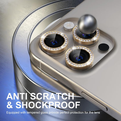 Choiche Compatible for iPhone 15 Pro/iPhone 15 Pro Max Camera Lens Protector Bling, 9H Tempered Glass Camera Cover Screen Protector Metal Ring Decoration Accessories (Diamond-Gold)