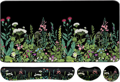Keyboard Mouse Pad Set, Extended Mouse Pad+Keyboard Wrist Rest Support, Memory Foam Ergonomic Easy Typing, 3Pcs (35.4×15.7 in) Desk Pad Set for Home Office Study Game - Weeds