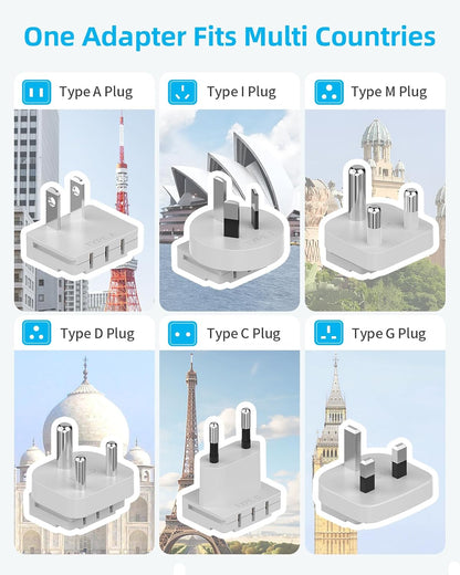 International Power Adapter Set, US to Worldwide Universal Travel Adapter- 4 AC Outlets 4 USB Ports (2 USB C), Type C/G/A/I/D/M Detachable Charger Plug for EU/UK/AUS/Japan/South Africa