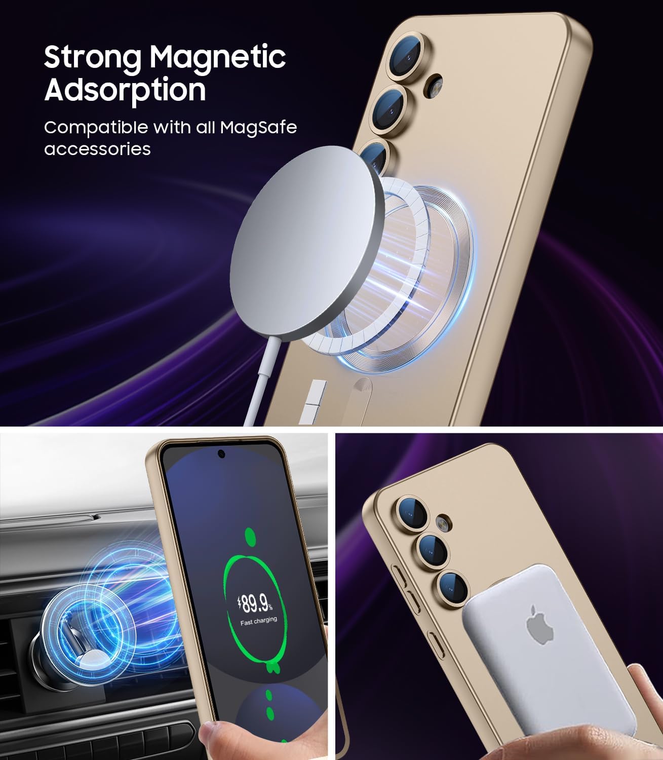 Magnetic for Samsung Galaxy S24 FE Case [Compatible with MagSafe][Built-in Camera Lens Protector] Slim Soft Silicone Bumper Shockproof Metallic Luster Phone Cover (Gold)