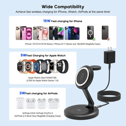 Charging Station, 3 in 1 Foldable Wireless Charger iPhone Charging Station Charger Stand Multiple Devices for Apple, with PD Adapter and USB C Cable for iPhone 17/16/15/14/13,iWatch,AirPods All Series