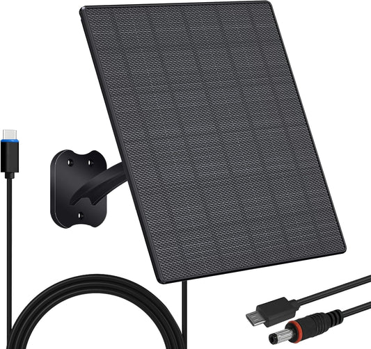 Zivif 10W Solar Panel for Security Cameras, 5V Solar Charger with USB-C/Micro USB/DC 5.5x2.1mm Ports, IP66 Waterproof, Adjustable Mount & 7.2FT Cable