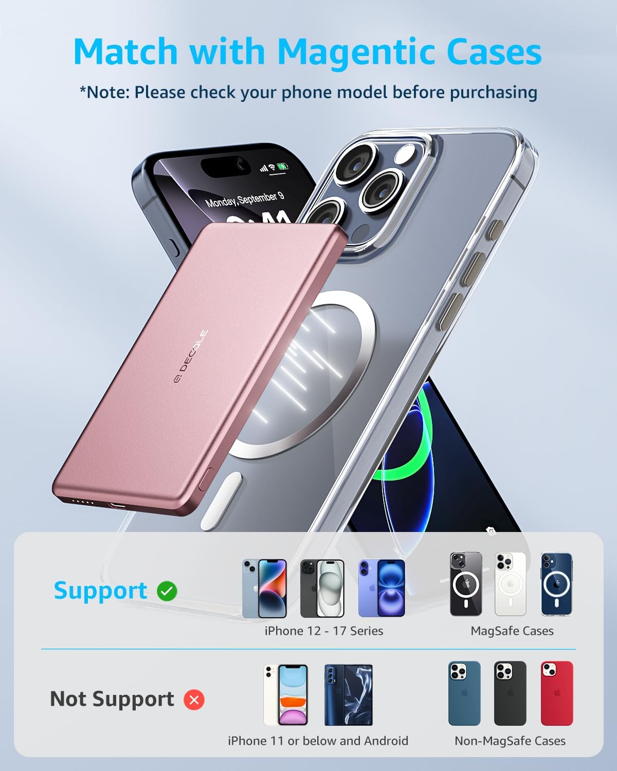 “Air” Power Bank for MagSafe 5000mAh, Ultra Slim Magnetic Wireless Portable Battery Charger Case with USB-C Cable, Compatible with iPhone 17/16/15/14/13/12 Series Only (Pink)