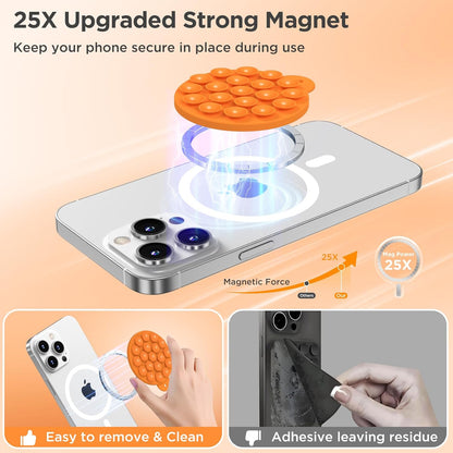 Magnetic Suction Cup Phone Mount for MagSafe Case, Silicone Hands-Free Grip Holder for iPhone and Android, Mirror Shower Phone Stand for Makeup FaceTime Gym Kitchen Bathroom, Orange