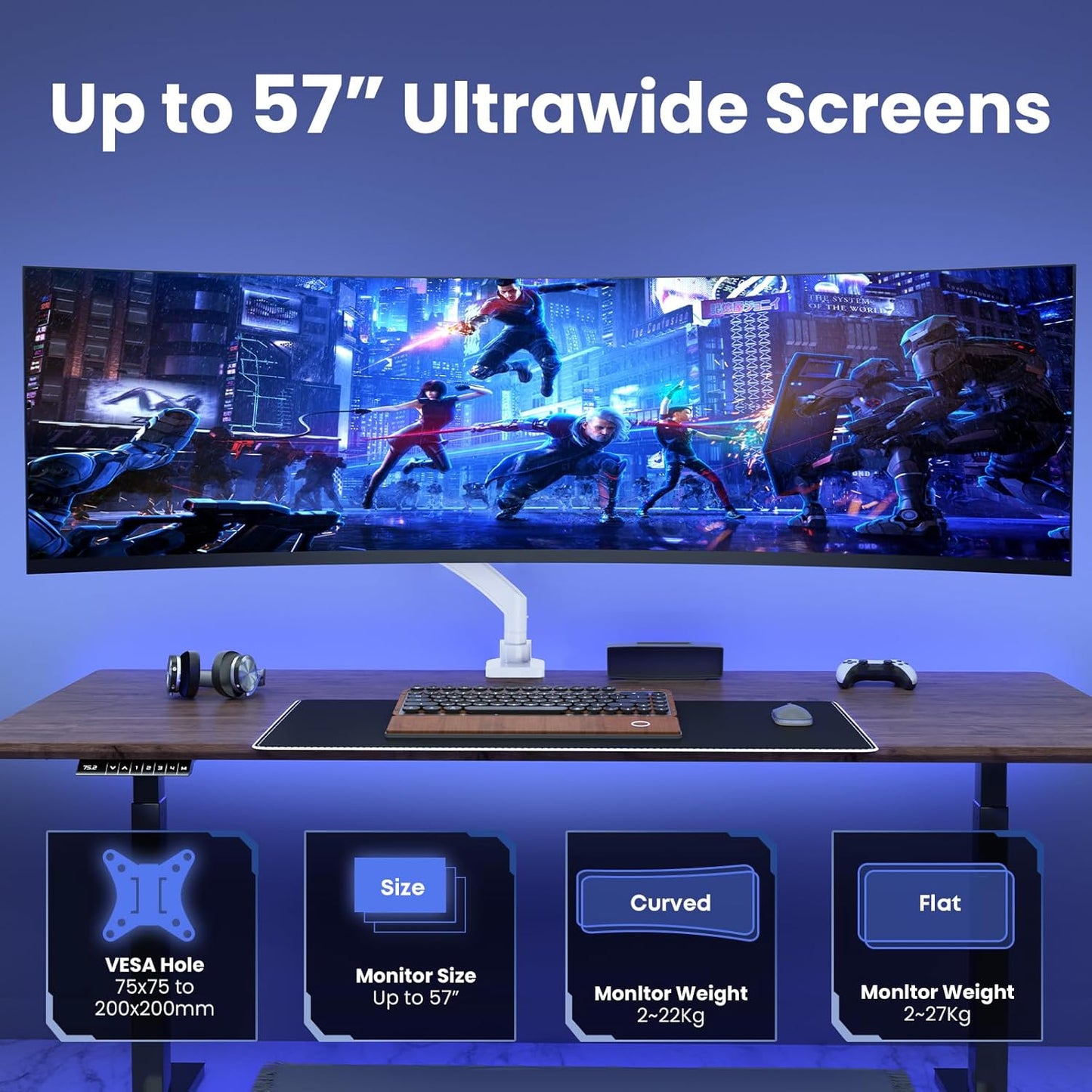 Ultrawide Monitor-Arm Heavy Duty 22-57‘’ - PUTORSEN Aluminum Single Monitor Mount Holds up to 59.4 lbs, Premium Adjustable Desk Mount Stand, VESA 75/100/200 mm, White