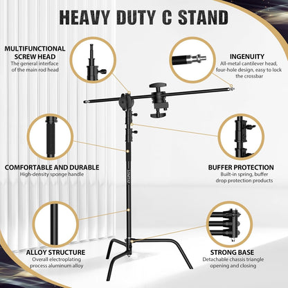 LOMTAP C Stand Light Stand Stainless Metal Photography Kit - Heavy Duty 10.8ft/330cm Vertical Pole, 4.2ft/128cm Boom Arm, Adjustable Base, Water Sandbag, 2 Grip Heads, 3 Clips for Softbox, Reflector