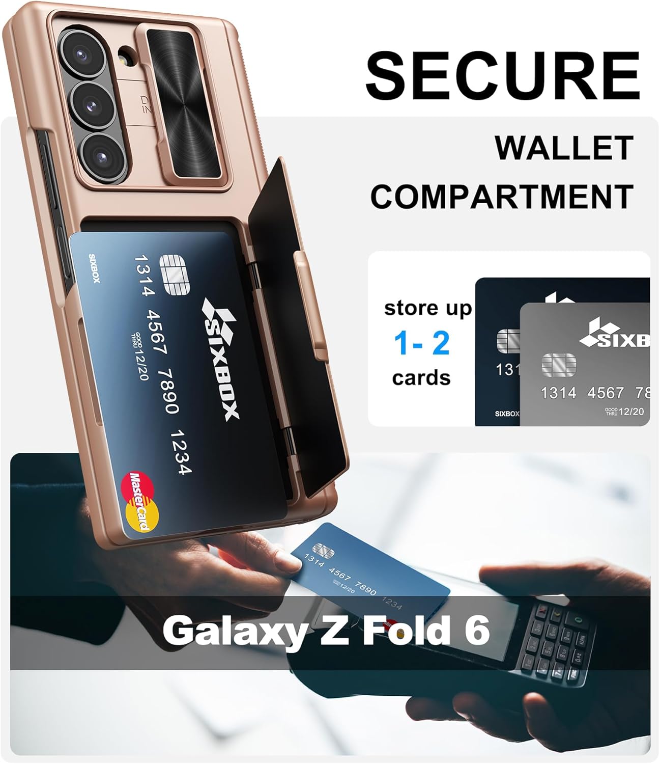 for Samsung Galaxy Z Fold 6 Case with Card Holder & Hinge Protection & Screen Protector, Built-in Camera Lens Cover, Rugged Shockproof Phone Cover Case for Samsung Z Fold 6 5G 2024, Rose Gold