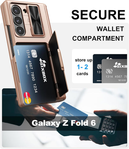for Samsung Galaxy Z Fold 6 Case with Card Holder & Hinge Protection & Screen Protector, Built-in Camera Lens Cover, Rugged Shockproof Phone Cover Case for Samsung Z Fold 6 5G 2024, Rose Gold