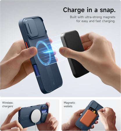 SURITCH for iPhone 16 Plus Case with Magnetic Camera Slide Cover and Adjustable Kickstand, Compatible with MagSafe, Shockproof Bumper Case Slim Protective Cover for iPhone 16 Plus 6.7 Inch, Blue