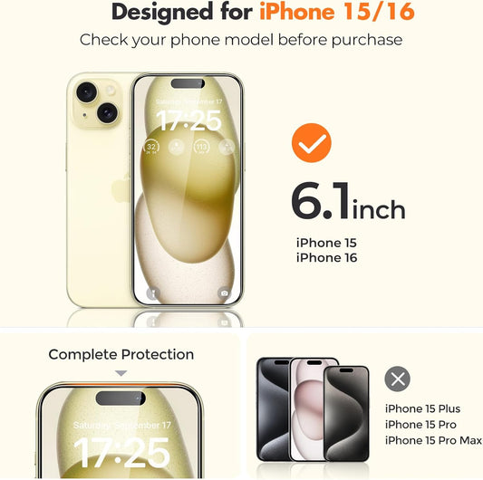 UNBREAKcable 2-Pack Screen Protector for iPhone 16 / iPhone 15, Double Shatterproof Tempered Glass [Easy Installation] [9H Hardness] [99.99% HD Clear] [Case Friendly] for iPhone 6.1 inch