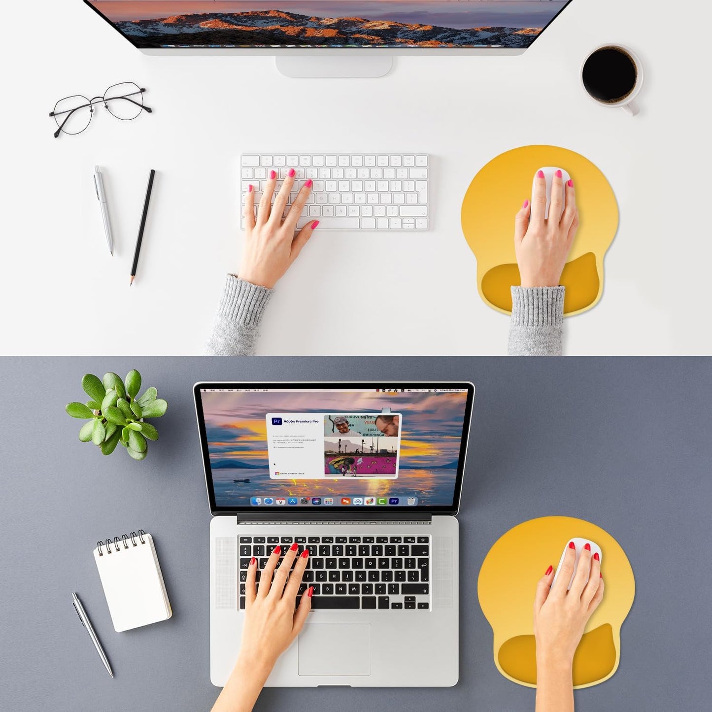 ITNRSIIET Ergonomic Mouse Pad with Wider Memory Foam Wrist Rest +17% - Curved Cushion Reduces Pressure 20%, Pain Relief, Non-Slip, Smooth, Cute Colors, 9.85 x 9 in, Yellow Gradient