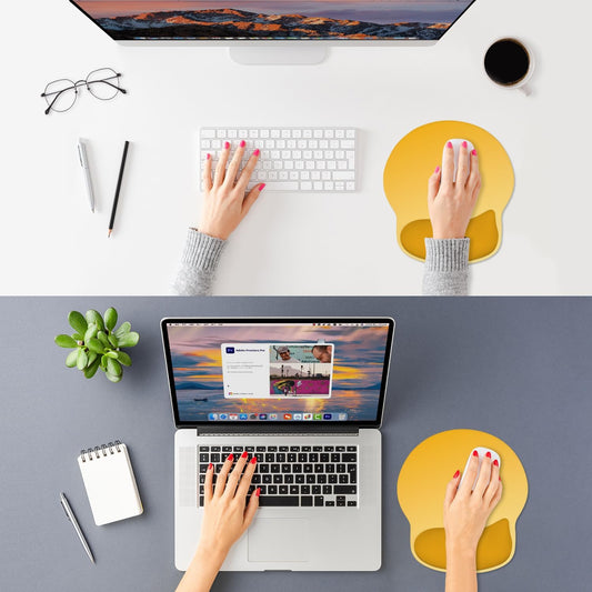 ITNRSIIET Ergonomic Mouse Pad with Wider Memory Foam Wrist Rest +17% - Curved Cushion Reduces Pressure 20%, Pain Relief, Non-Slip, Smooth, Cute Colors, 9.85 x 9 in, Yellow Gradient