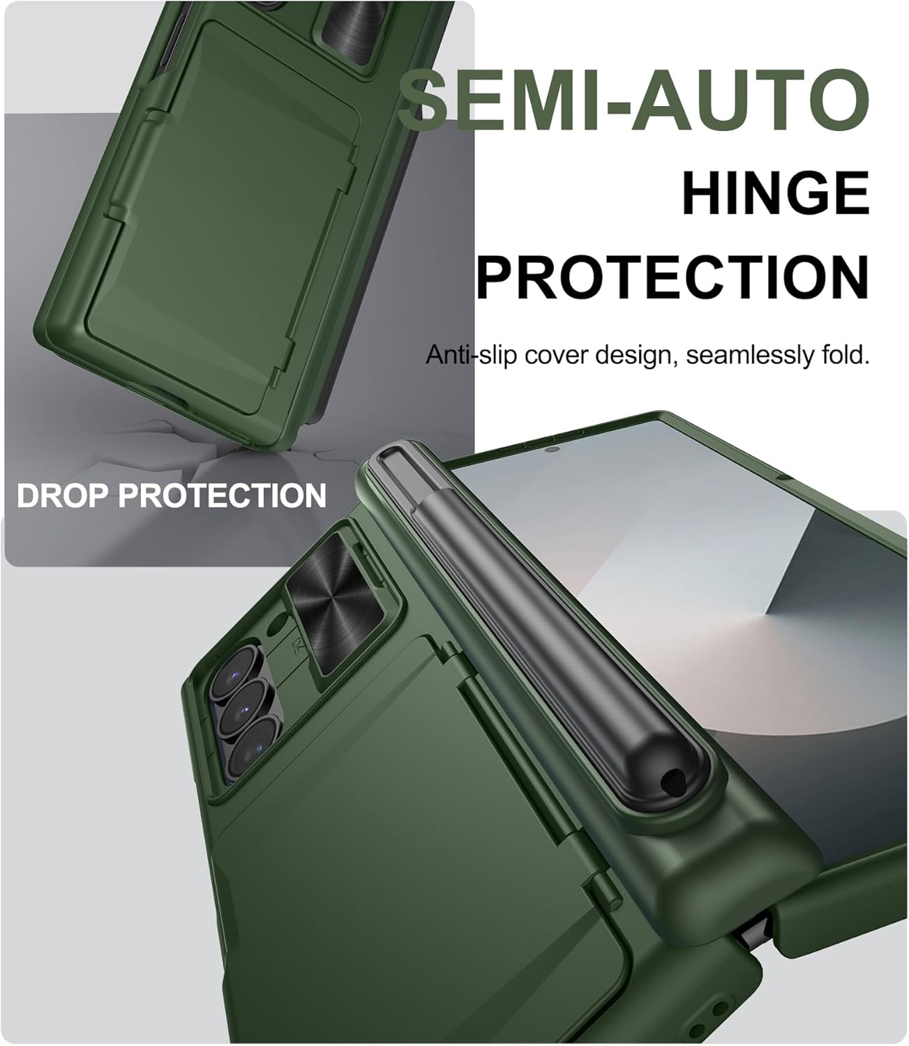 for Samsung Galaxy Z Fold 6 Case with Card Holder & Hinge Protection & Slide Lens Cover, Built-in S Pen Holder & Screen Protector, Heavy Duty Rugged Wallet Phone Case for Z Fold 6 2024, Green