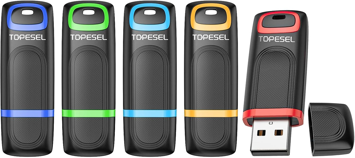 TOPESEL 64GB Flash Drive 5 Pack, USB 2.0 Thumb Drives High Speed Memory Stick Jump Drive Zip Drive for Data Storage and Backup (Five Mixed Colors: Red Blue Cyan Orange Green)