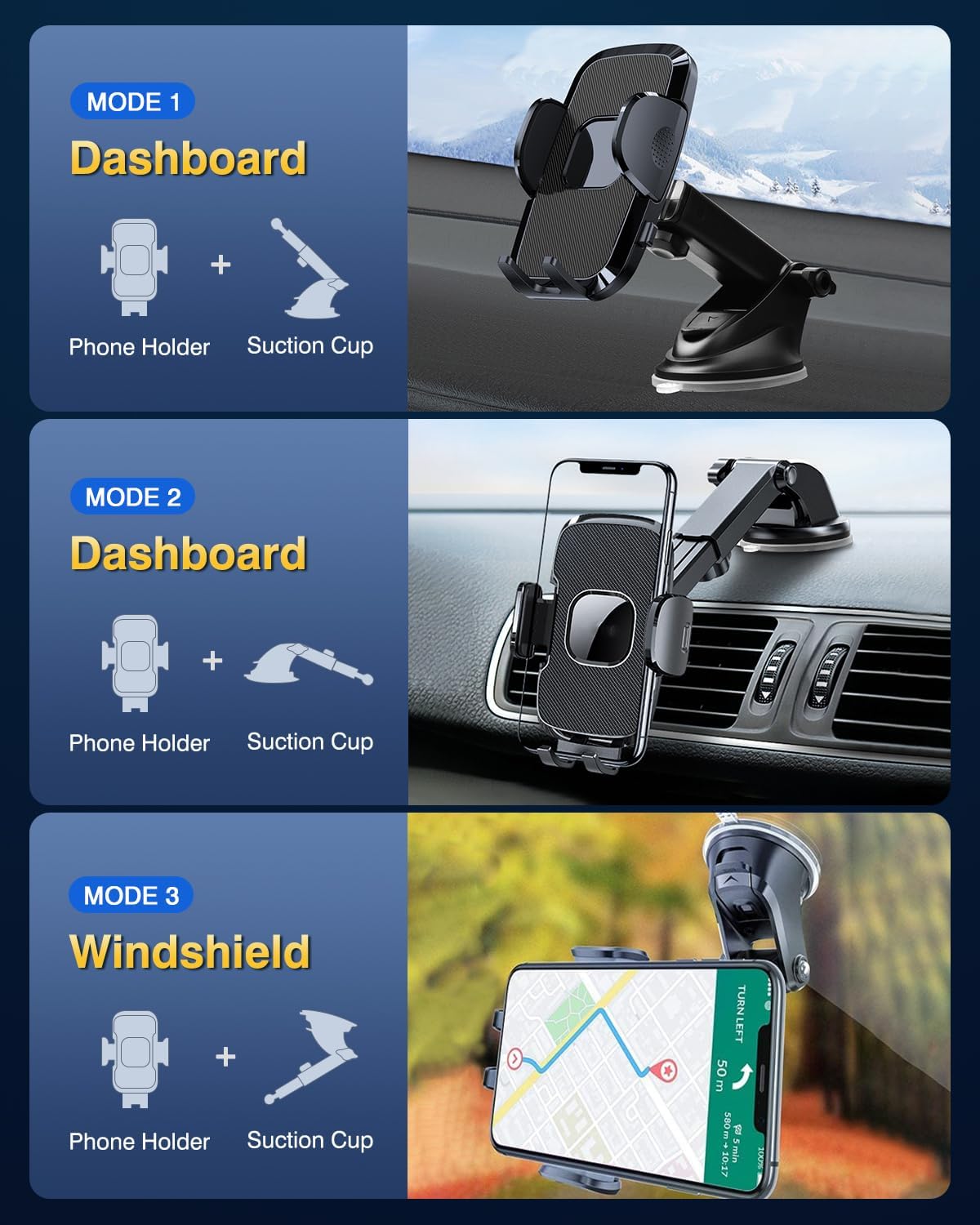 [Military-Grade Construction] Phone Holders for Your Car, 2025 New Car Phone Holder Cell Smartphone Mount Windshield Dashboard Suction Cup Stand Truck Cradle for iPhone Samsung Android All