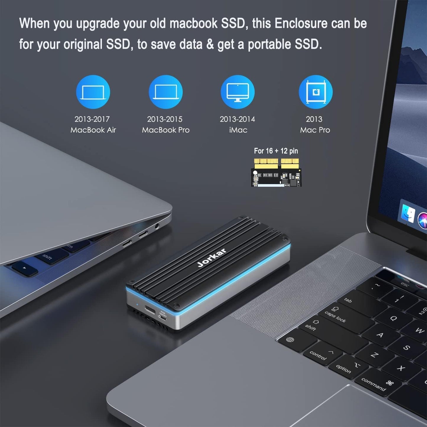 External SSD Enclosure USB-C 3.2 for 12+16 Pin MacBook SSD, Hard Drive Reader for A1466 A1465 A1502 A1398 SSD Mac Air/Pro mid 2013-2017, Portable Aluminum SSD Case with Indicator