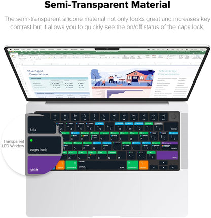 JCPal Microsoft Excel Shortcut Guide Keyboard Cover for Apple MacBook Pro 14 inch and MacBook Pro 16 inch (M1-M4 Models) and MacBook Air 13 inch and MacBook Air 15 inch (M2-M4 Models) (US-Layout)