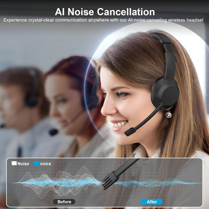 Wireless Headset with Mic for Work, Bluetooth Headset with Microphone (Noise Cancellation), Wireless Headphones with USB Dongle & Charging Dock for Call Center/Home/Computer/PC/Laptop/Teams/Zoom