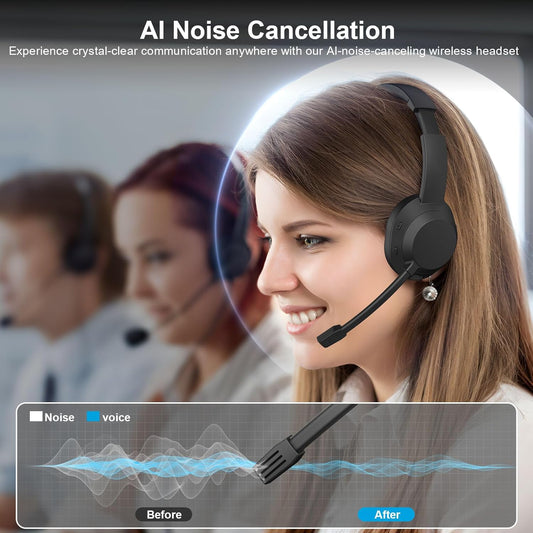 Wireless Headset with Mic for Work, Bluetooth Headset with Microphone (Noise Cancellation), Wireless Headphones with USB Dongle & Charging Dock for Call Center/Home/Computer/PC/Laptop/Teams/Zoom