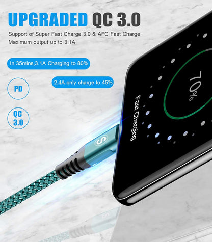 USB C Cable 3.1A Fast Charging [3Pack,10ft+6.6ft+3.3ft], sweguard USB-A to USB-C Charger Nylon Braided Cord for Samsung Galaxy S21 S20 S10 S9 S8 Plus/FE Note 20 10 9 8 7, A71 A51 A32,LG,Moto,PS5-Green