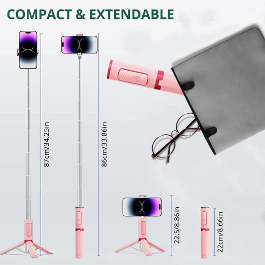 Selfie Stick, Foldable Cellphone Tripod with Remote, Travel Tripod for iPhone Series Android, Video Recording - Pink