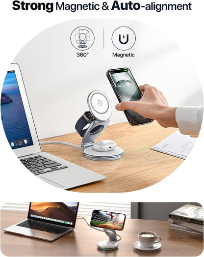 EXW Wireless Charging Station for Magsafe, 3 in 1 Foldable Charger for iPhone 16/15/14/13/12 Series, Apple Watch & AirPod (30W Charger Included)