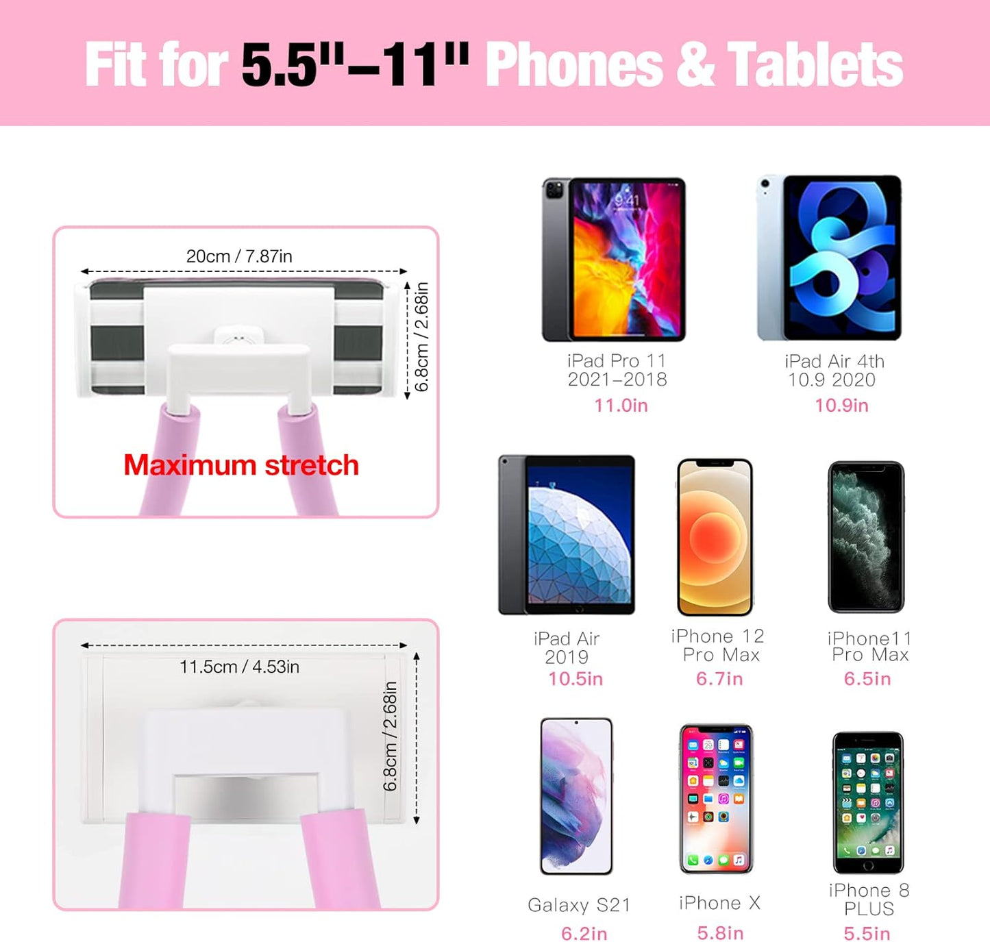 MoKo Neck Phone Holder, 360 Rotatable Gooseneck Pillow Stand, Fits 4"-11" Devices, iPhone 16/15/14/13, Galaxy S21/S9, iPad 11/12.9