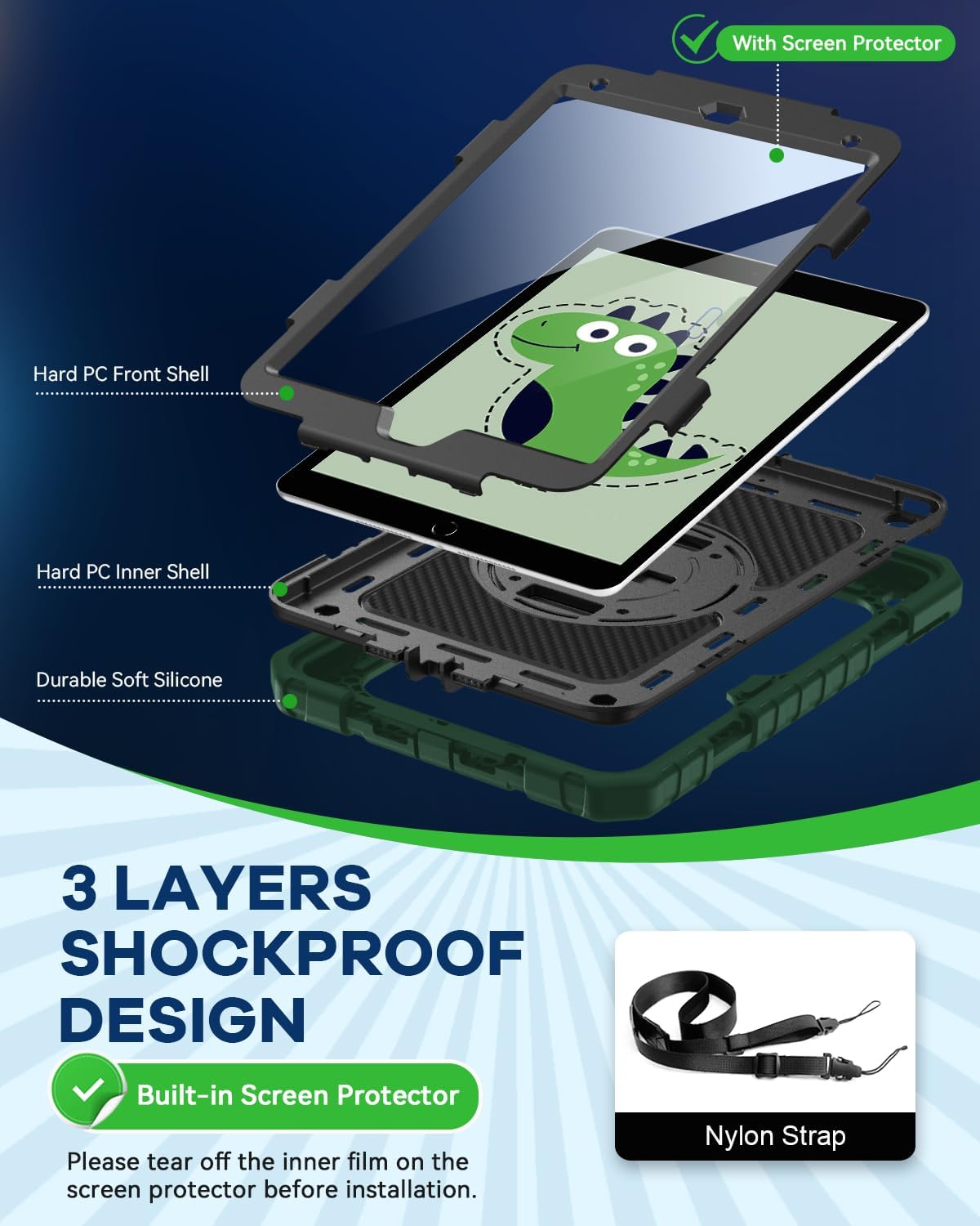 Cantis Case for iPad 9th/8th/7th Generation with Screen Protector, iPad 10.2 Case 2021/2020/2019 with 360 Degree Rotating Stand/Shoulder Strap/Pencil Holder, Alpine Green