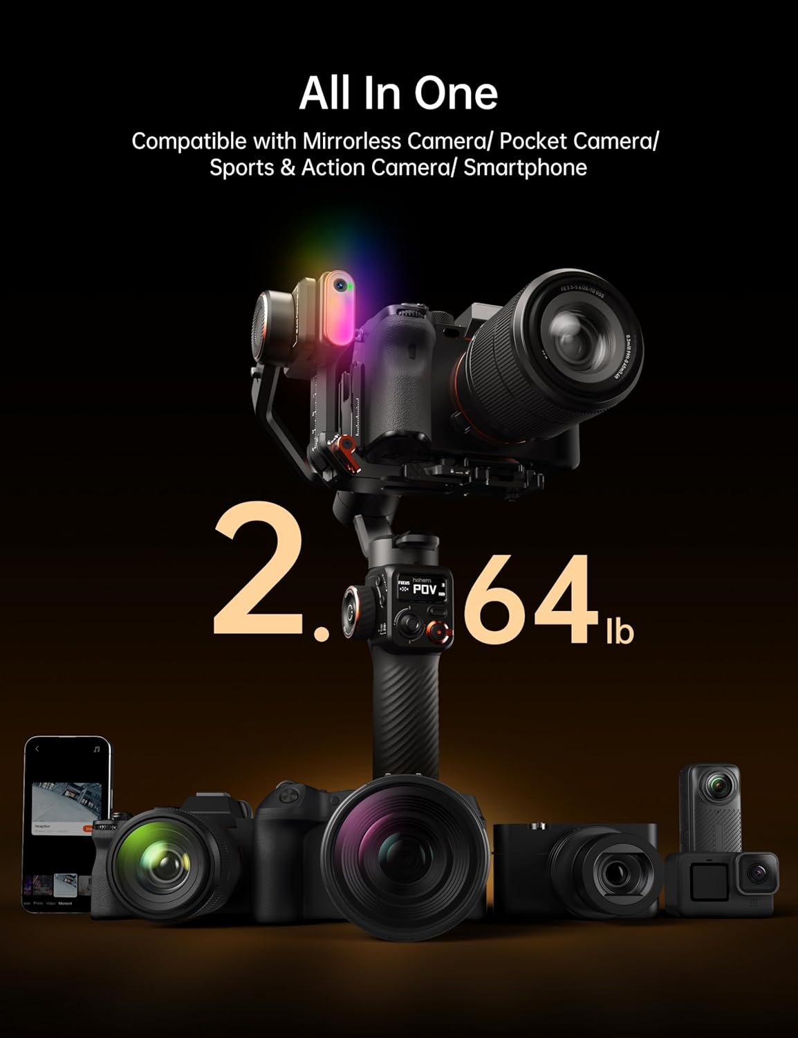 hohem iSteady MT2 Kit Gimbal Stabilizer for Camera, 3-Axis Gimbal for Mirrorless/Pocket/Action Camera/Smartphone, AI Tracker, Magnetic Fill Light Stabilizer, Available for Canon/Nikon/Sony