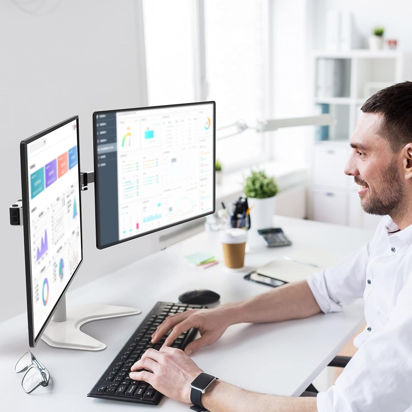 WALI Dual Monitor Stand, Free Standing Desk Mount for 2 Monitors up to 27 inch, 22 lbs. Weight Capacity per Arm, Fully Adjustable with Max Mounting Pattern 100x100mm (MF002-W), White