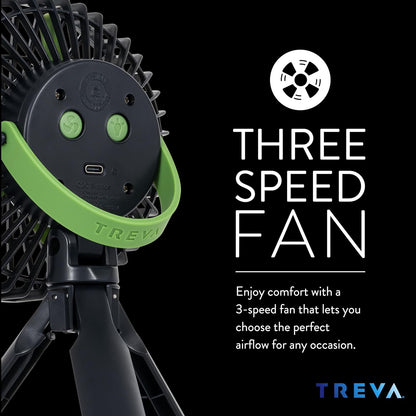Treva 5 Inch Tripod Fan with Built-In Light and Attachable Phone Mount, Rechargeable 3-Speed Mini Fan with Handle for Travel, Camping, Outdoors