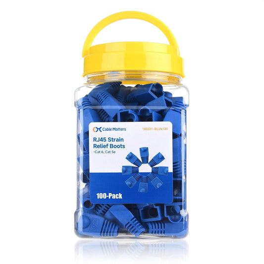 Cable Matters 100-Pack Cat6 / Cat5e RJ45 Strain Relief Boots, RJ45 Boot, Cat 6 Boot, Cat6 Ethernet Boots, Blue, Suitable for 6.5mm (0.25in) Ethernet Cables
