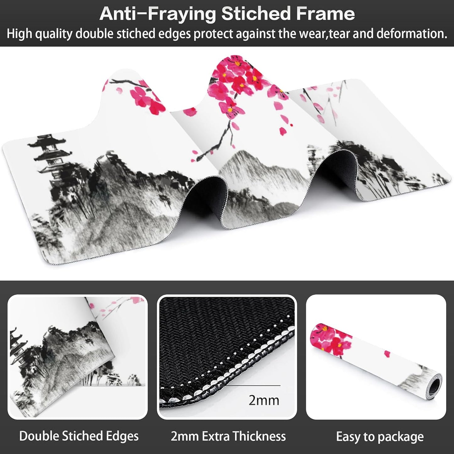 Chinese Ink Painting Desk Mat,Large Abstract Landscape Painting Gaming Keyboard Mouse Pad,Non-Slip Rubber Base Desk Pad Thick Stitched Edges Waterproof Mousepad Mouse Mat 31.5"x11.8"