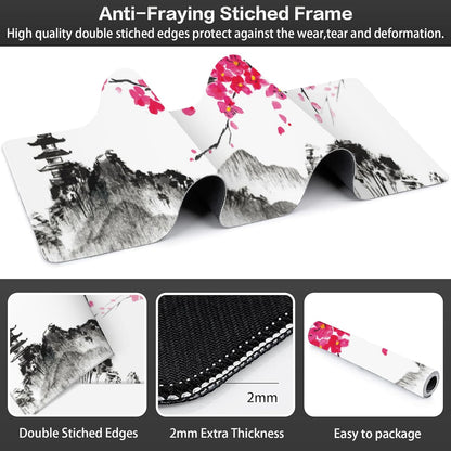 Chinese Ink Painting Desk Mat,Large Abstract Landscape Painting Gaming Keyboard Mouse Pad,Non-Slip Rubber Base Desk Pad Thick Stitched Edges Waterproof Mousepad Mouse Mat 31.5"x11.8"