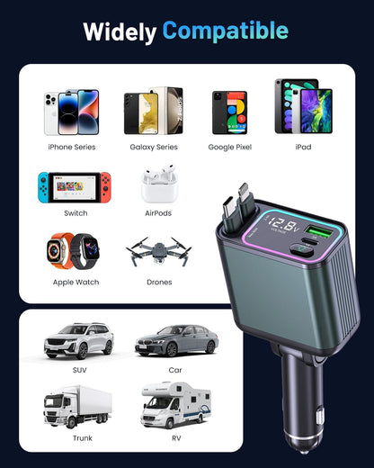 [2 Pack] 4 in 1 Retractable Car Charger with RGB Light, 92W Fast Charging USB C Car Adapter, Compact Car Phone Charger for iPhone/Galaxy/Pixel, Car Accessories for Women Men (Lightning + Type C Cable)